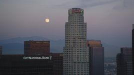 5K aerial stock footage of full moon and US Bank Tower in Downtown Los Angeles at twilight, California Aerial Stock Footage | DCLA_072