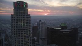 5K aerial stock footage flyby US Bank Tower to approach distance sunset in Downtown Los Angeles, California Aerial Stock Footage | DCLA_077