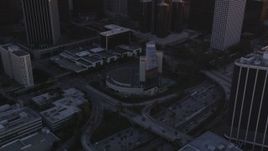 5K aerial stock footage approach Downtown Los Angeles and tilt to reveal Highway 110 at sunset, California Aerial Stock Footage | DCLA_218