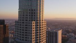 5K aerial stock footage approach center of US Bank Tower and reveal south side of Downtown Los Angeles at sunset, California Aerial Stock Footage | DCLA_220