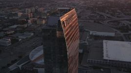 5K aerial stock footage orbit Ritz-Carlton and Staples Center in Downtown Los Angeles at sunset, California Aerial Stock Footage | DCLA_236