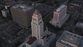 5K aerial stock footage orbit Los Angeles City Hall at twilight in Downtown Los Angeles, California Aerial Stock Footage | DCLA_241