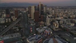 5K aerial stock footage of Downtown Los Angeles high-rises seen from The Ritz-Carlton at twilight, California Aerial Stock Footage | DCLA_255