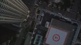 5K aerial stock footage of a bird's eye view of city streets and high-rises in Downtown Los Angeles at twilight, California Aerial Stock Footage | DCLA_260