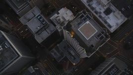 5K aerial stock footage of a bird's eye view of streets through Downtown Los Angeles at twilight, California Aerial Stock Footage | DCLA_261