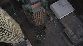5K aerial stock footage of a bird's eye of city streets and parking lot at twilight in Downtown Los Angeles, California Aerial Stock Footage | DCLA_262
