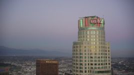 5K aerial stock footage approach top of US Bank Tower at twilight in Downtown Los Angeles, California Aerial Stock Footage | DCLA_264