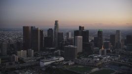 5K aerial stock footage of Downtown Los Angeles skyline at twilight in winter, California Aerial Stock Footage | DCLA_267
