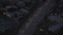 5K aerial stock footage bird's eye of heavy traffic on Highway 101 at twilight in Hollywood, California Aerial Stock Footage | DCLA_272