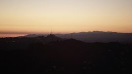 5K aerial stock footage of radio tower in the Hollywood Hills at twilight, California Aerial Stock Footage | DCLA_285