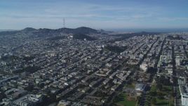 5K aerial stock footage Fly over urban neighborhoods toward Alamo Square Park, Golden Gate Park, and Mount Sutro, Western Addition, San Francisco, California Aerial Stock Footage | DCSF05_014