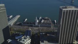 5K aerial stock footage Flying over the Ferry Building with two ferries docked, Downtown San Francisco, California  Aerial Stock Footage | DCSF05_020
