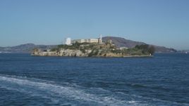 5K aerial stock footage Orbit a ferry sailing the bay and reveal Alcatraz, San Francisco, California Aerial Stock Footage | DCSF05_023