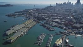 5K aerial stock footage Flyby Fisherman's Wharf, approach Pier 39, San Francisco, California Aerial Stock Footage | DCSF05_069