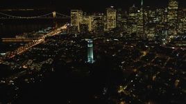 5K aerial stock footage Flyby Coit Tower in North Beach, San Francisco, California, night Aerial Stock Footage | DCSF06_024