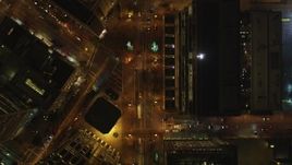 5K aerial stock footage Bird's eye of Market Street, reveal ice skating at Justin Herman Plaza, Downtown San Francisco, California, night Aerial Stock Footage | DCSF06_062