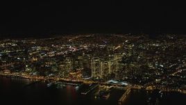 5K aerial stock footage High altitude view of Downtown San Francisco, California, seen from San Francisco Bay at night Aerial Stock Footage | DCSF06_071