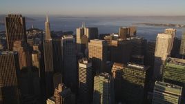 5K aerial stock footage Approach 345 California Center and Transamerica Pyramid, Downtown San Francisco, California, sunset Aerial Stock Footage | DCSF07_026