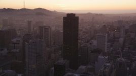 5K Aerial Video Approach and fly over 555 California Street skyscraper in Downtown San Francisco, California, twilight Aerial Stock Footage | DCSF07_074