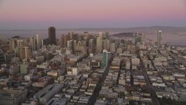 5K Aerial Video Financial District seen from the west side of the city, Downtown San Francisco, California, twilight Aerial Stock Footage | DCSF07_076