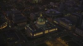 5K Aerial Video orbit of San Francisco City Hall in Civic Center, San Francisco, California, night Aerial Stock Footage | DCSF07_091