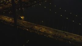 5K Aerial Video Tilt from heavy traffic on the Bay Bridge, reveal Downtown San Francisco, California, twilight Aerial Stock Footage | DCSF07_104
