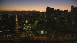 5K Aerial Video Flyby the skyline of Downtown San Francisco, California, twilight Aerial Stock Footage | DCSF07_108