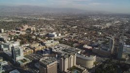 5K Aerial Video Fly over high-rises to approach Interstate 280, Downtown San Jose, California Aerial Stock Footage | DCSF09_003