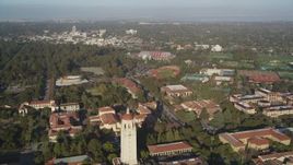 5K Aerial Video Tilt and fly over Stanford University, reveal Hoover Tower, stadiums and fields, Stanford, California Aerial Stock Footage | DCSF09_023