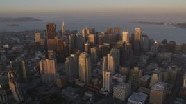 5K Aerial Video View of the Downtown San Francisco cityscape and San Francisco Bay, California, twilight Aerial Stock Footage | DCSF10_003
