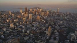 5K Aerial Video Flyby Downtown San Francisco, San Francisco Bay in the background, California, twilight Aerial Stock Footage | DCSF10_004