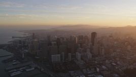 5K Aerial Video Downtown San Francisco cityscape seen from North Beach, California, sunset Aerial Stock Footage | DCSF10_010