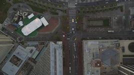5K Aerial Video Bird's eye view of Market Street, reveal Justin Herman Plaza and Ferry Buildings, Downtown San Francisco, California, sunset Aerial Stock Footage | DCSF10_020