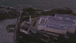 5K Aerial Video Bird's eye view of the lighthouse and main building, Alcatraz, San Francisco, California, sunset Aerial Stock Footage | DCSF10_023