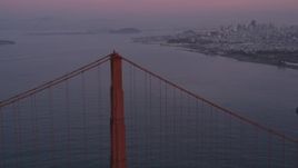 5K Aerial Video Flyby Golden Gate Bridge and pan to mid span, San Francisco, California, twilight Aerial Stock Footage | DCSF10_029