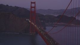 5K Aerial Video Flyby heavy traffic on the Golden Gate Bridge, San Francisco Bay, San Francisco, California, twilight Aerial Stock Footage | DCSF10_038