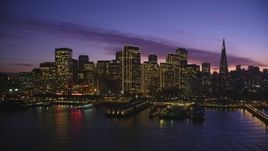 5K Aerial Video Ferry Building and the skyline of Downtown San Francisco, California, twilight Aerial Stock Footage | DCSF10_062