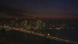 5K Aerial Video Bay Bridge and Downtown San Francisco skyline, seen from Yerba Buena Island, California, night Aerial Stock Footage | DCSF10_085