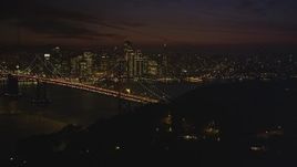 5K Aerial Video of Downtown San Francisco skyline behind the Bay Bridge, seen from Yerba Buena Island, California, night Aerial Stock Footage | DCSF10_086