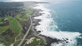 5K Aerial Video Tilt from kelp to reveal Pacific Grove Municipal Golf Links, and Ocean View Boulevard on the coast, Pacific Grove, California Aerial Stock Footage | DCSF11_005
