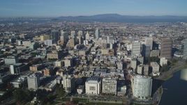 5K aerial stock footage approach and pan across city buildings in Downtown Oakland, California Aerial Stock Footage | DFKSF05_002