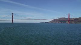 5K aerial stock footage fly low over the bay to approach the iconic Golden Gate Bridge, San Francisco, California Aerial Stock Footage | DFKSF05_034