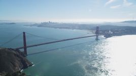 5K aerial stock footage approach the famous Golden Gate Bridge and city skyline, Downtown San Francisco, California Aerial Stock Footage | DFKSF05_052