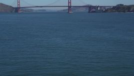 5K aerial stock footage of tilting from water to reveal the famous Golden Gate Bridge, San Francisco, California Aerial Stock Footage | DFKSF05_064