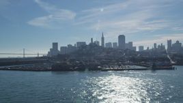 5K aerial stock footage approach iconic Pier 39, Coit Tower, views of skyline, Downtown San Francisco, California Aerial Stock Footage | DFKSF05_073