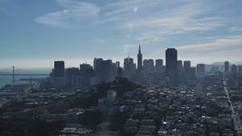 5K aerial stock footage approach iconic Coit Tower and city's skyline, Downtown San Francisco, California Aerial Stock Footage | DFKSF05_074