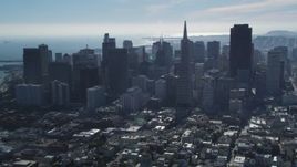 5K aerial stock footage fly over Coit Tower, approach Transamerica Pyramid and skyline, Downtown San Francisco, California Aerial Stock Footage | DFKSF05_075