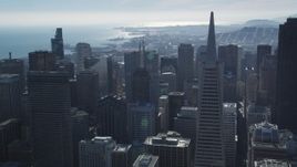 5K aerial stock footage of approaching iconic Transamerica Pyramid and skyscrapers, Downtown San Francisco, California Aerial Stock Footage | DFKSF05_076