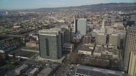 5K aerial stock footage flyby city hall, federal and office buildings, revealing I-980 freeway, Downtown Oakland, California Aerial Stock Footage | DFKSF06_011