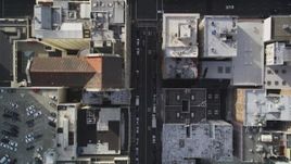 5K aerial stock footage of a bird's eye view flying over Geary Street and city buildings, Downtown San Francisco, California Aerial Stock Footage | DFKSF06_035